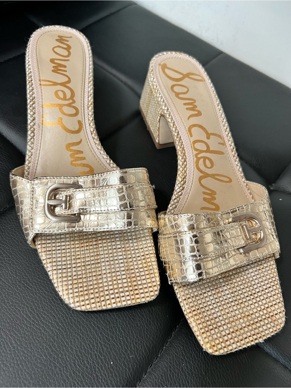 Sam Edelman Metallic Gold Croc-Embossed Buckle Block Heel Mules Size 9